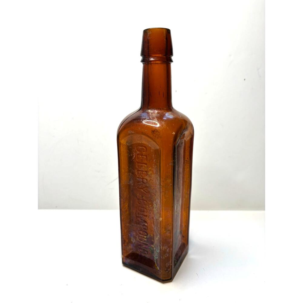 Antique Paine's Celery Compound Tonic Glass Bottle Amber Brown Empty 1800s 10 in